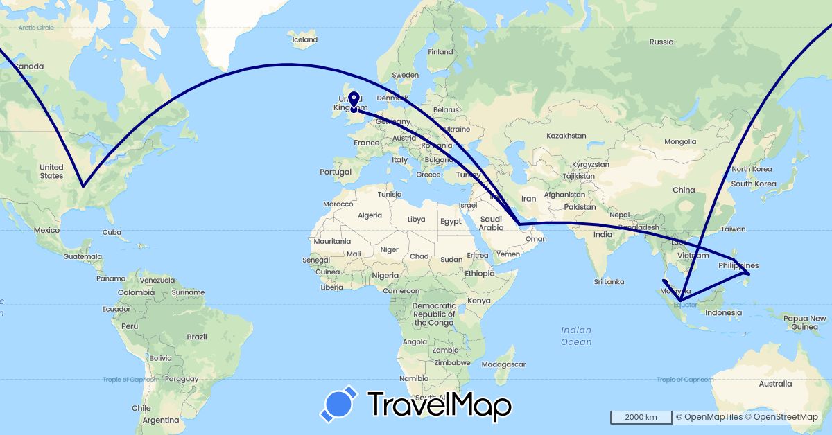 TravelMap itinerary: driving in United Kingdom, Philippines, Qatar, Singapore, Thailand (Asia, Europe)
